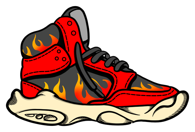 Flame On Jellyshoe: a black high-top sneaker with red panels, flames and a cream jelly sole