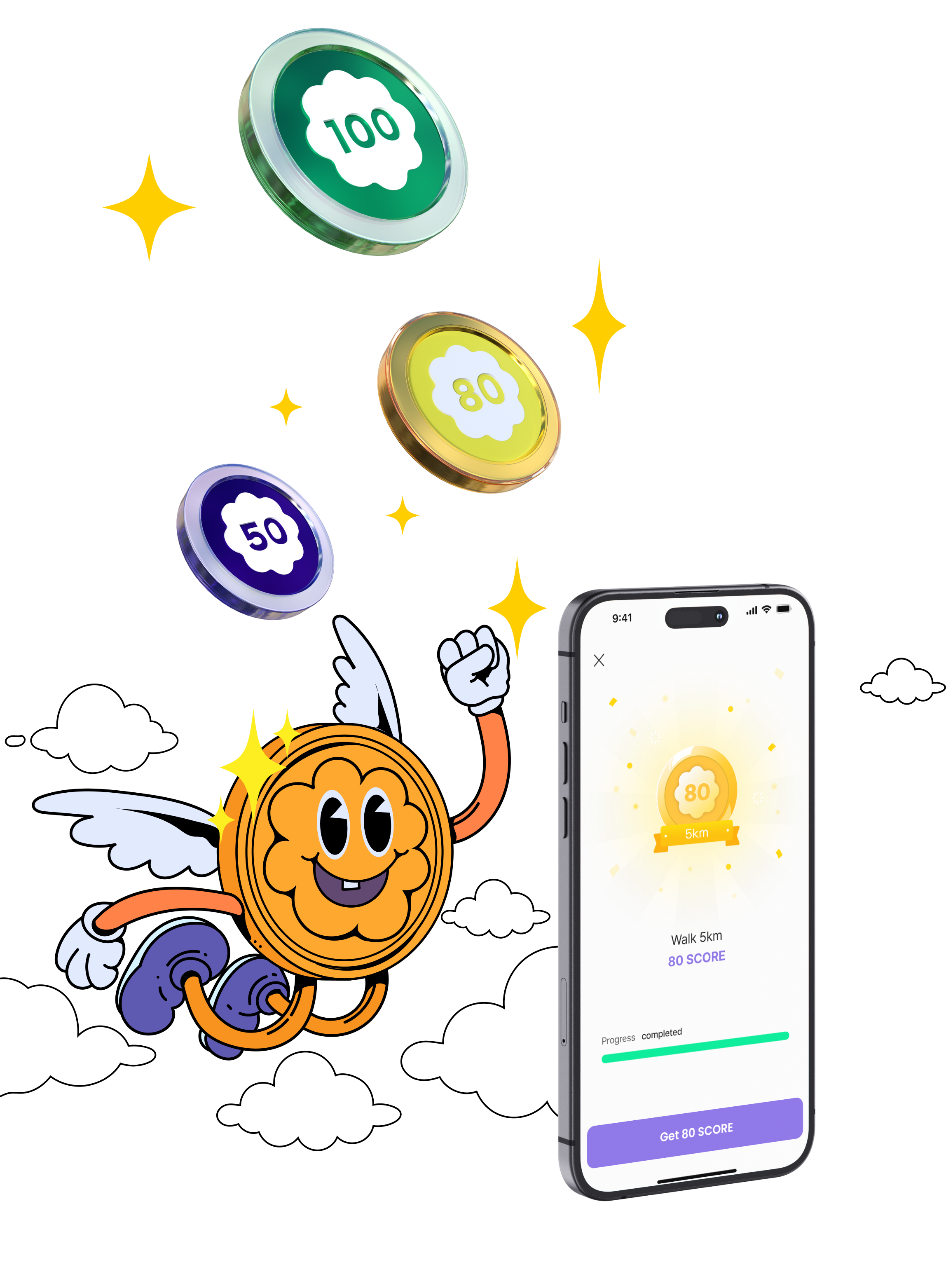 Jellywalk reward screen, score coins, and mascot